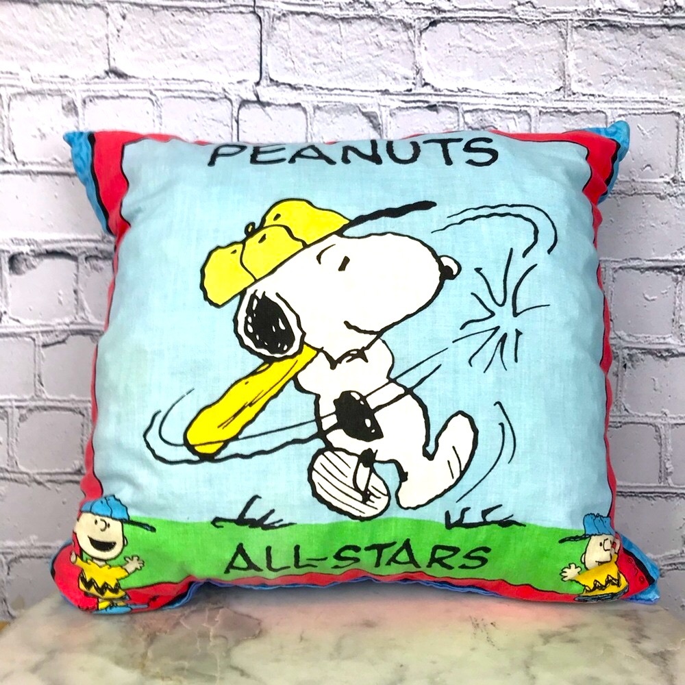 Peanuts Snoopy All-Stars Vintage 90’s Charlie Brown Baseball Blue Square Pillow